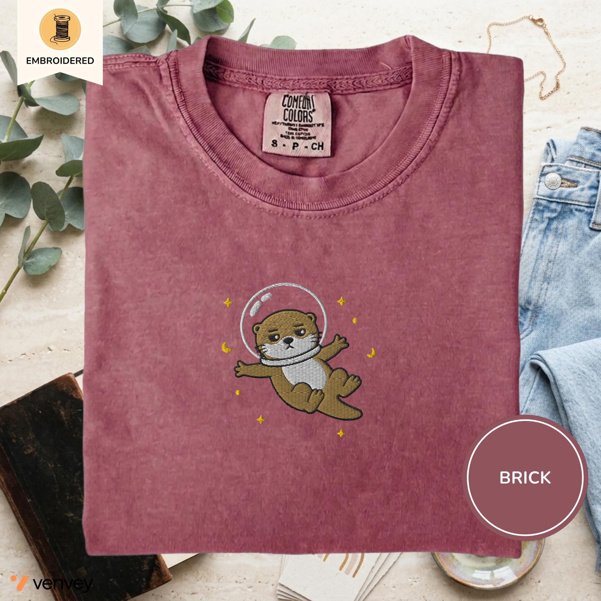 Embroidered Space Otter Shirt, Cute Astronaut Sea Otter Tee, Comfort Colors Otter Lover Gift, Minimal Embroidery Shirt