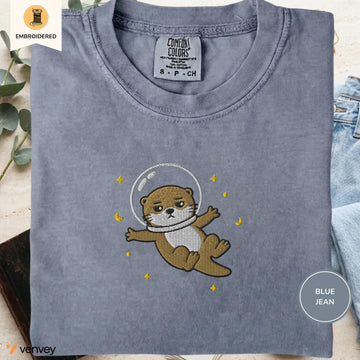 Embroidered Space Otter Shirt, Cute Astronaut Sea Otter Tee, Comfort Colors Otter Lover Gift, Minimal Embroidery Shirt