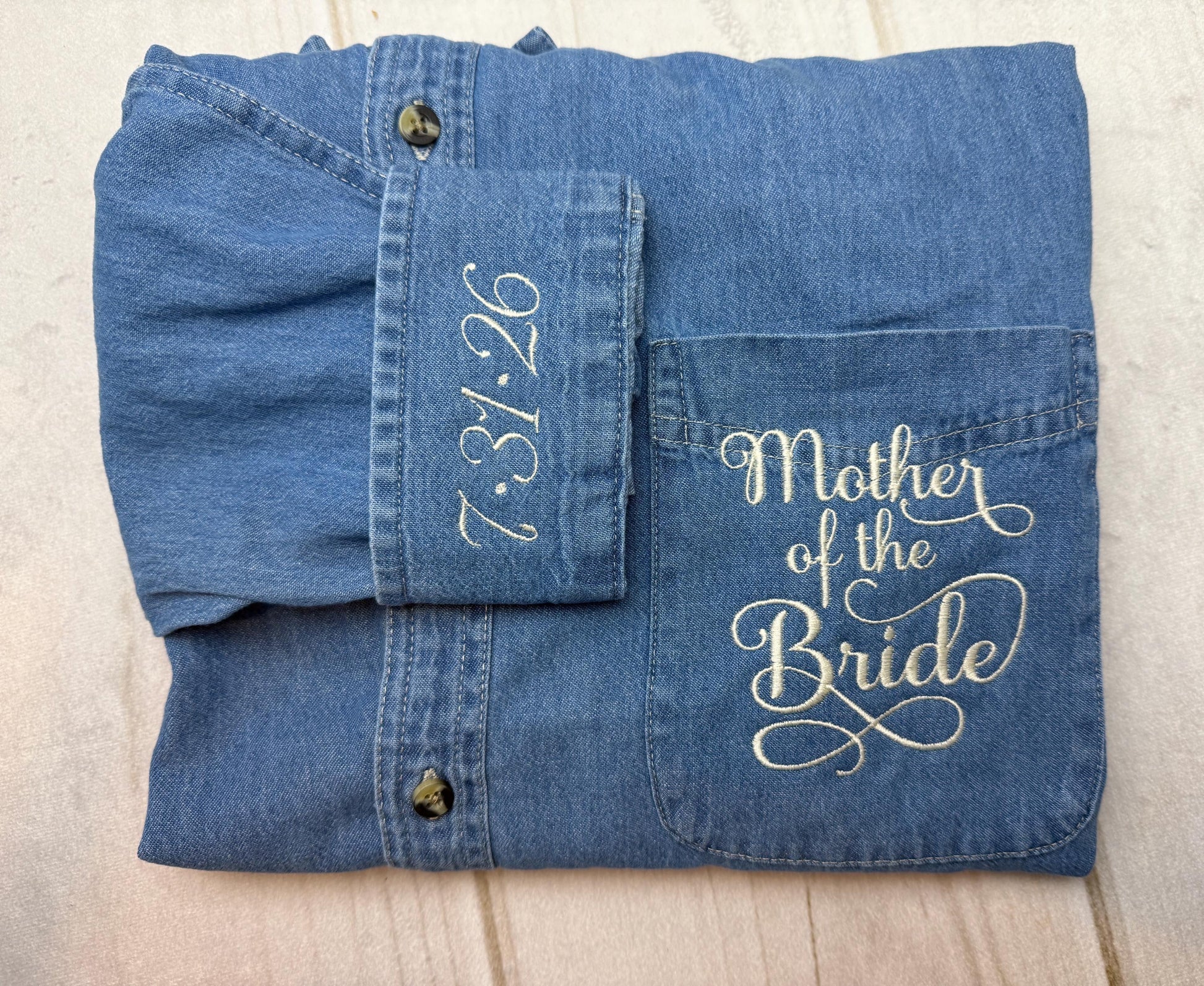 Wedding Party Shirts | Embroidered Pocket + Optional Cuff l Denim Shirts | Mother of the Bride - Bridesmaids | Button Down Shirt