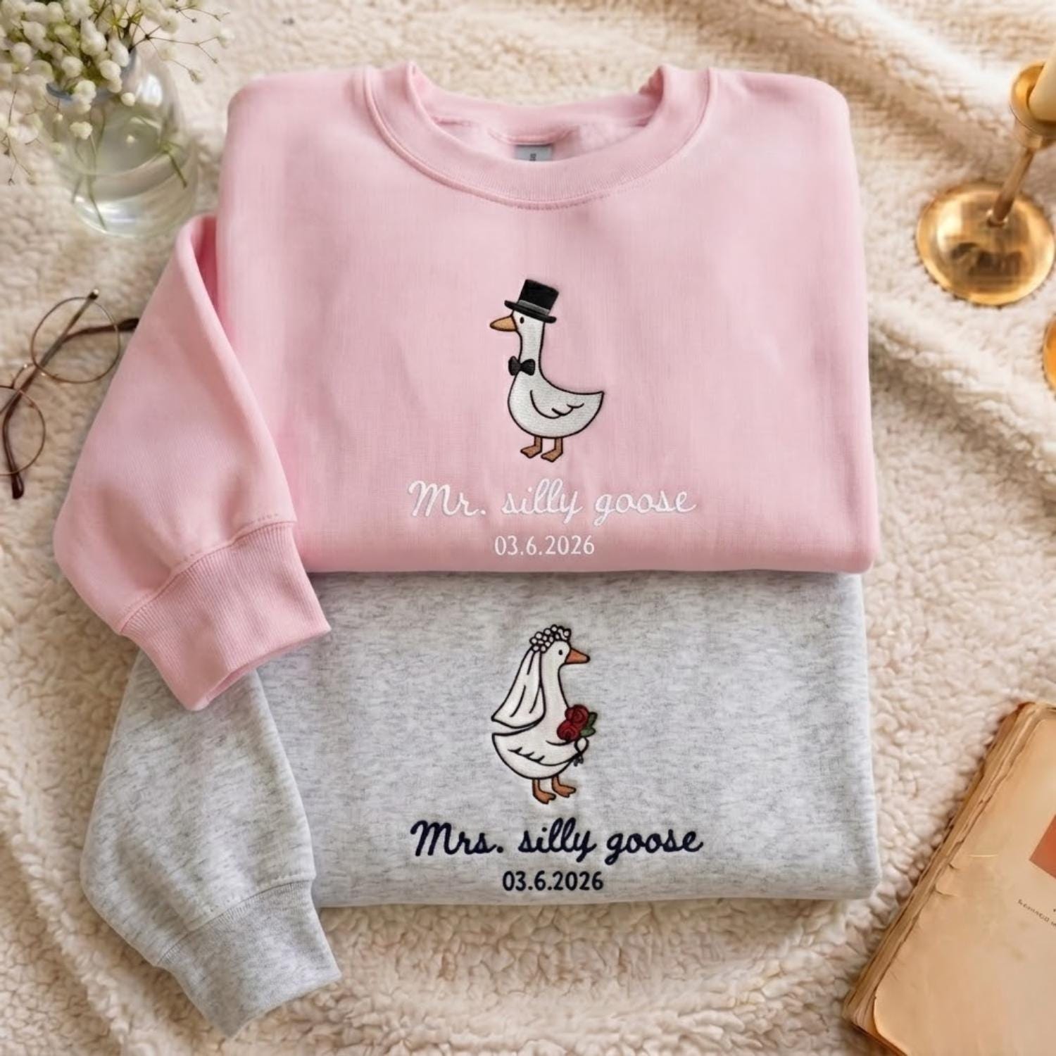 Embroidered Mr And Mrs Silly Goose Sweatshirt, Newlywed Matching Couple Tee, Bride And Groom Funny Honeymoon Shirt, Wedding Gift Anniversary