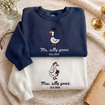 Embroidered Mr And Mrs Silly Goose Sweatshirt, Newlywed Matching Couple Tee, Bride And Groom Funny Honeymoon Shirt, Wedding Gift Anniversary