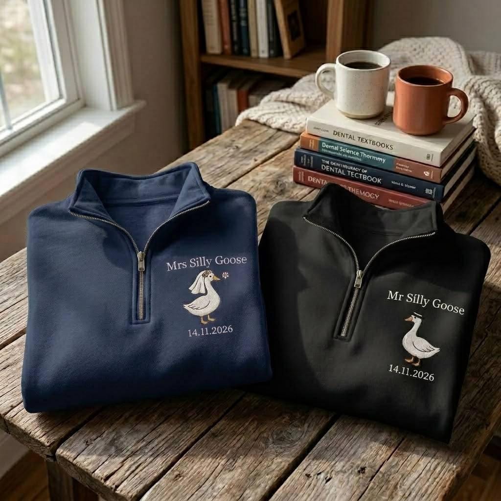 Embroidered Mrs and Mr Silly Goose Quarter Zip Sweatshirts, Funny Couple Matching Sweatshirts, Wedding Date Sweatshirt, Goose Wedding Shirt