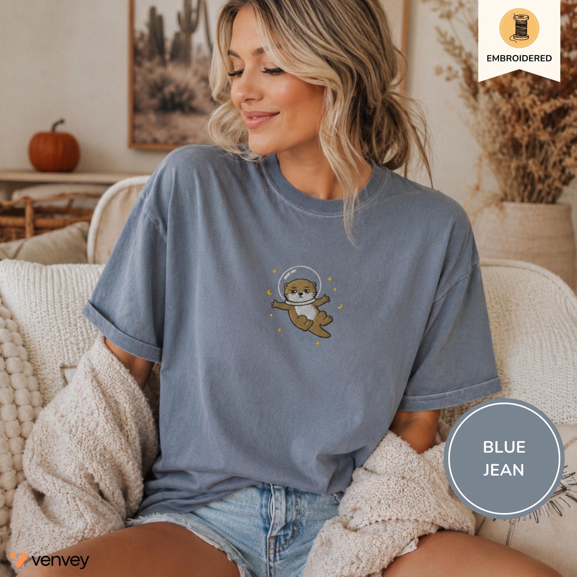 Embroidered Space Otter Shirt, Cute Astronaut Sea Otter Tee, Comfort Colors Otter Lover Gift, Minimal Embroidery Shirt