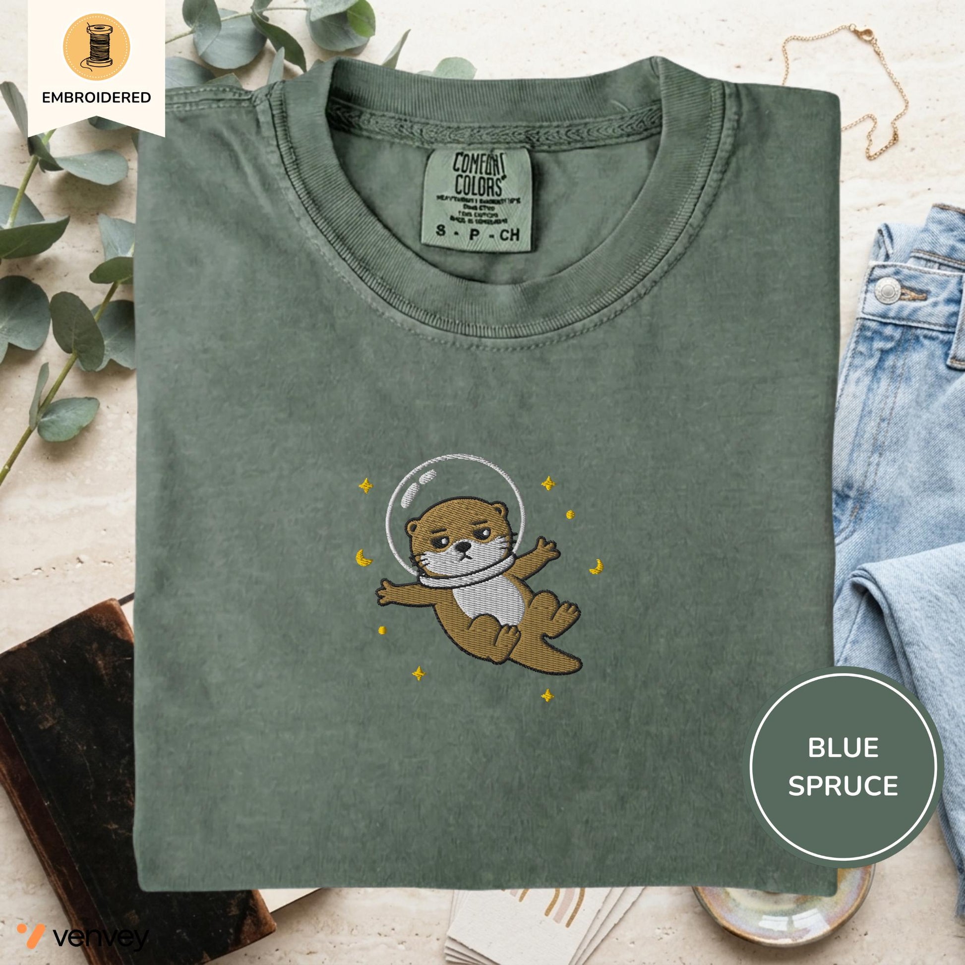 Embroidered Space Otter Shirt, Cute Astronaut Sea Otter Tee, Comfort Colors Otter Lover Gift, Minimal Embroidery Shirt