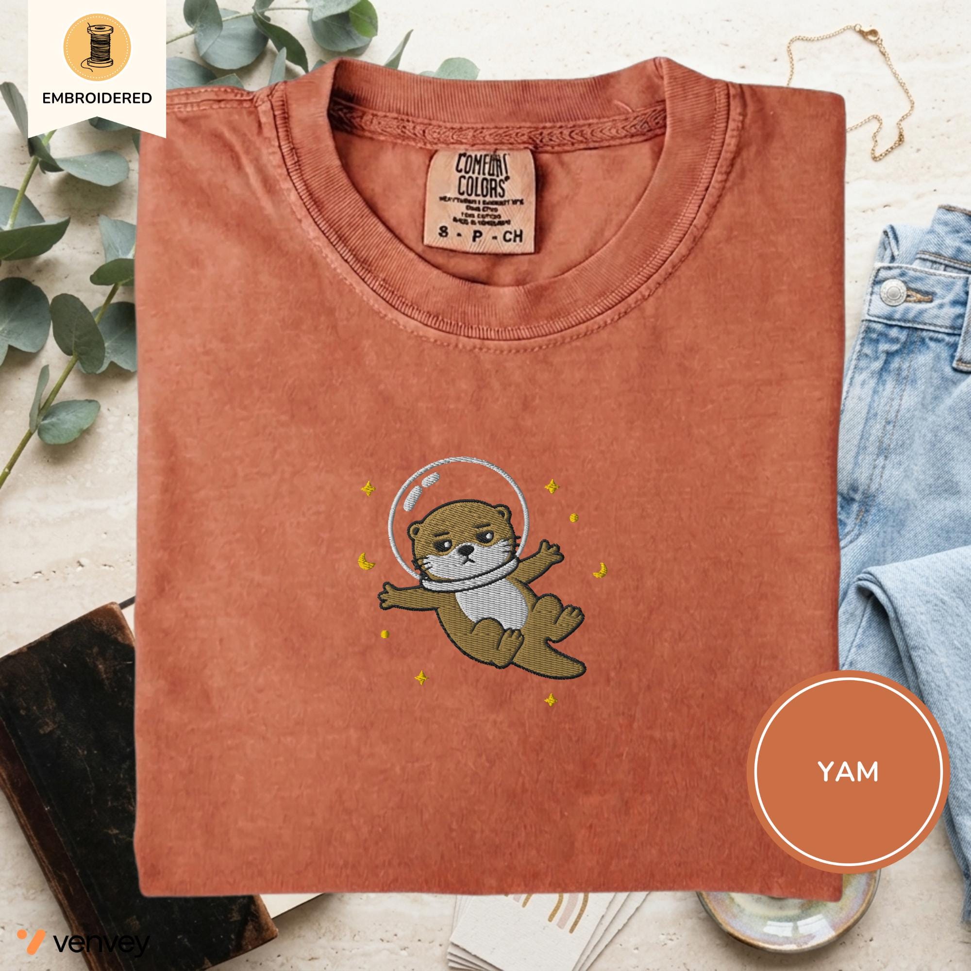 Embroidered Space Otter Shirt, Cute Astronaut Sea Otter Tee, Comfort Colors Otter Lover Gift, Minimal Embroidery Shirt