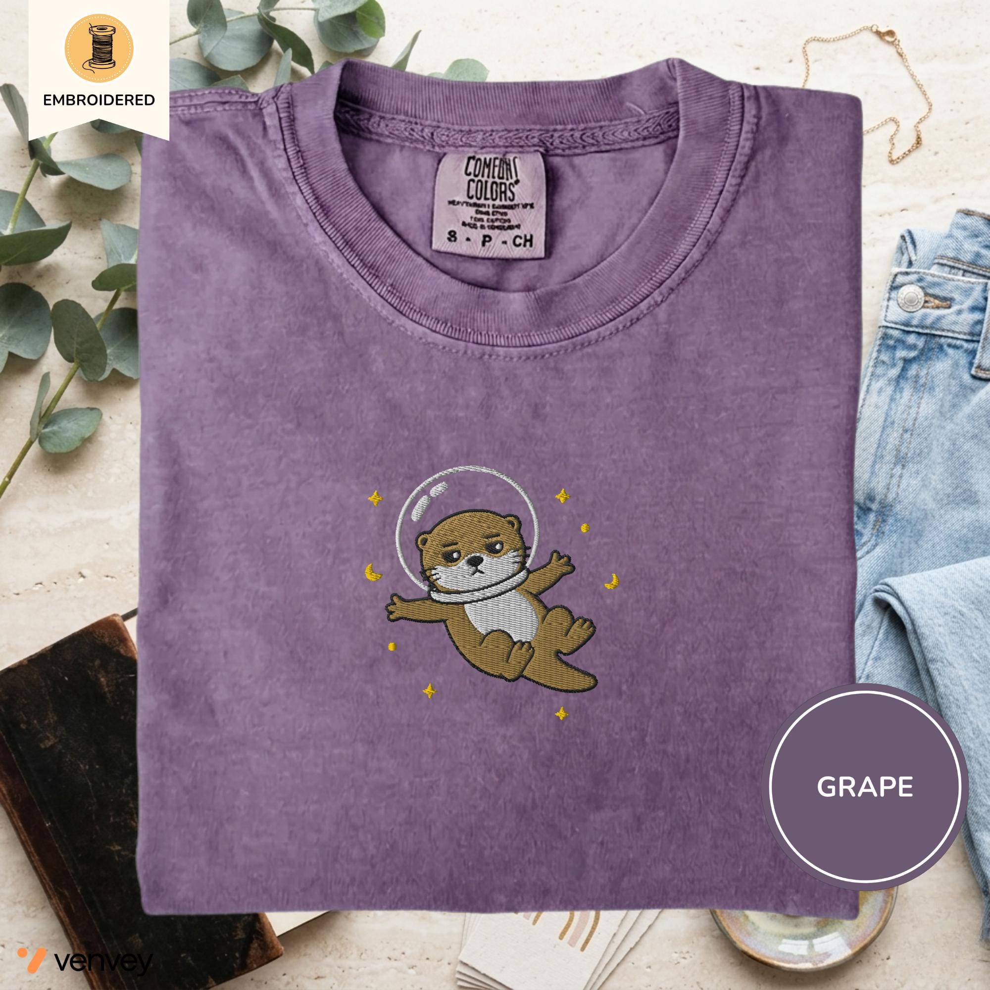 Embroidered Space Otter Shirt, Cute Astronaut Sea Otter Tee, Comfort Colors Otter Lover Gift, Minimal Embroidery Shirt