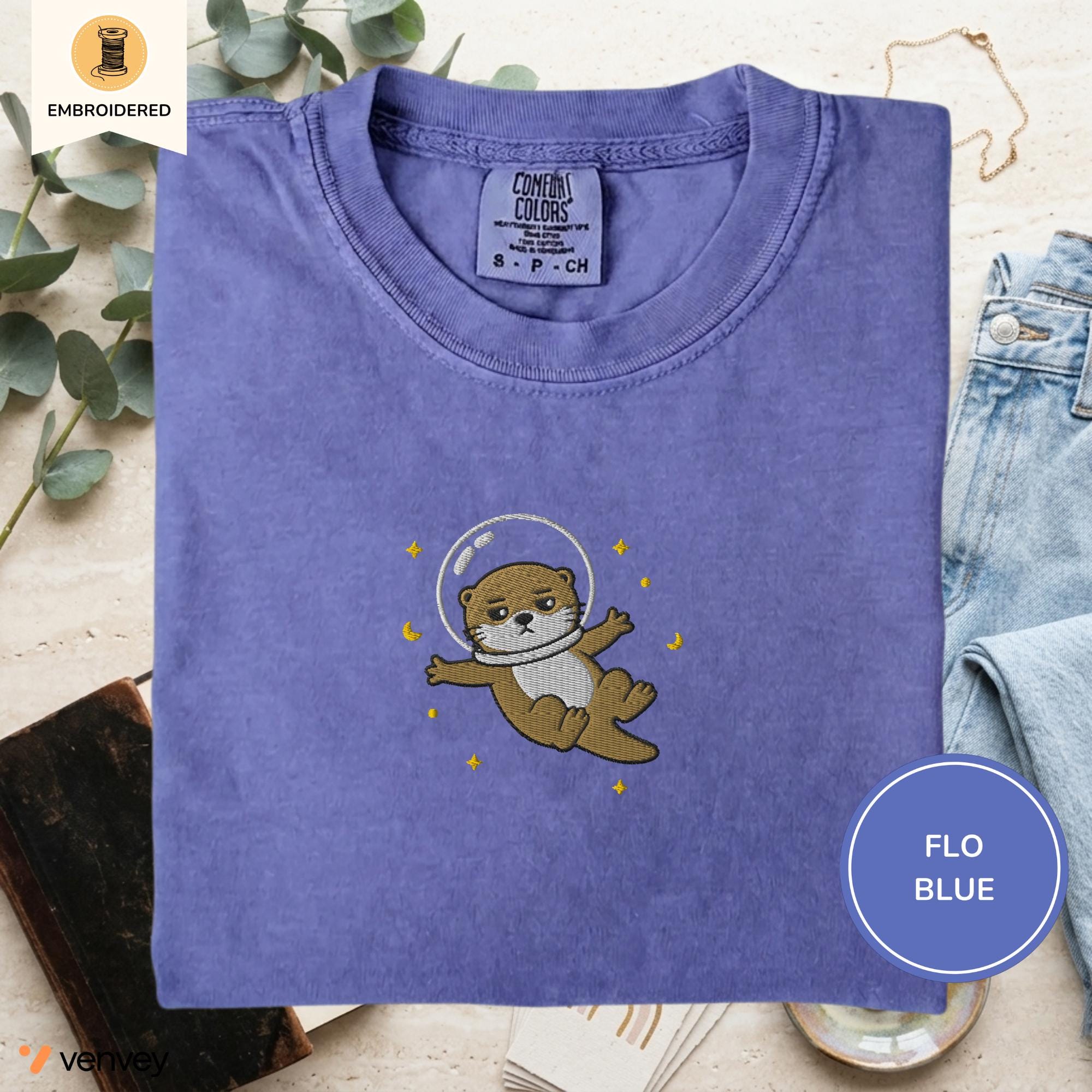 Embroidered Space Otter Shirt, Cute Astronaut Sea Otter Tee, Comfort Colors Otter Lover Gift, Minimal Embroidery Shirt