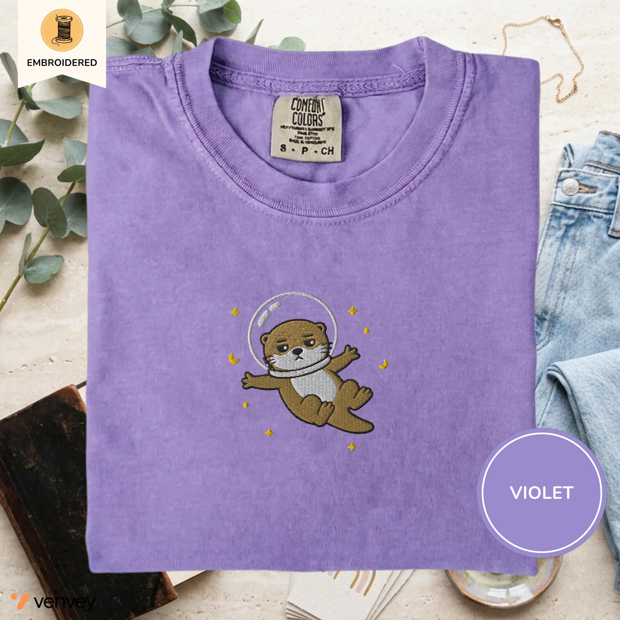 Embroidered Space Otter Shirt, Cute Astronaut Sea Otter Tee, Comfort Colors Otter Lover Gift, Minimal Embroidery Shirt