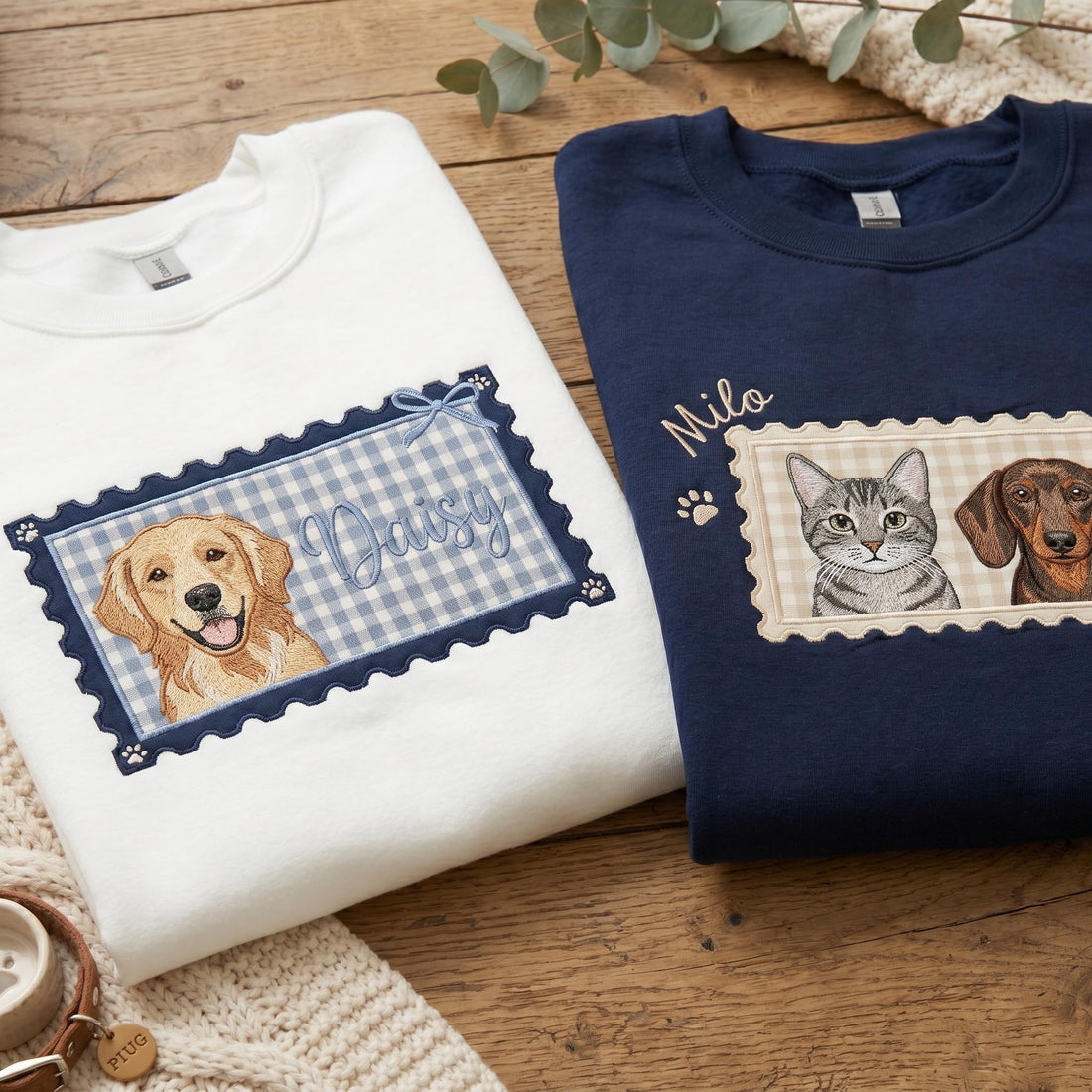 Custom Pet Portrait Embroidered Sweatshirt, Personalized Stamp Coquette Cat Shirt, Applique Dog Mom Shirt, Custom Photo Tee, Pet Lover Gift
