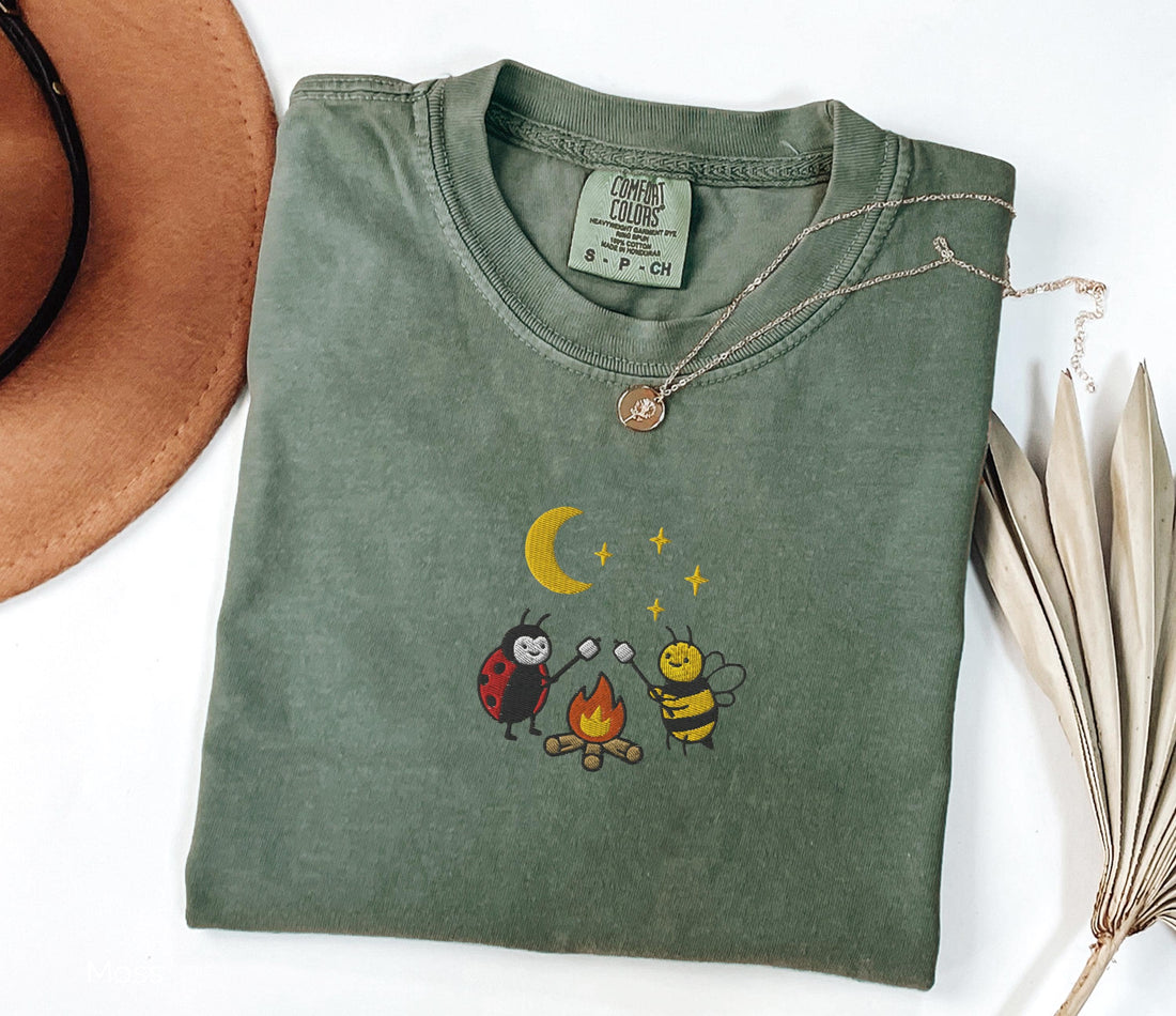 Bee & Ladybug Campfire Shirt | Embroidered Comfort Colors Tee | Cottagecore Gift