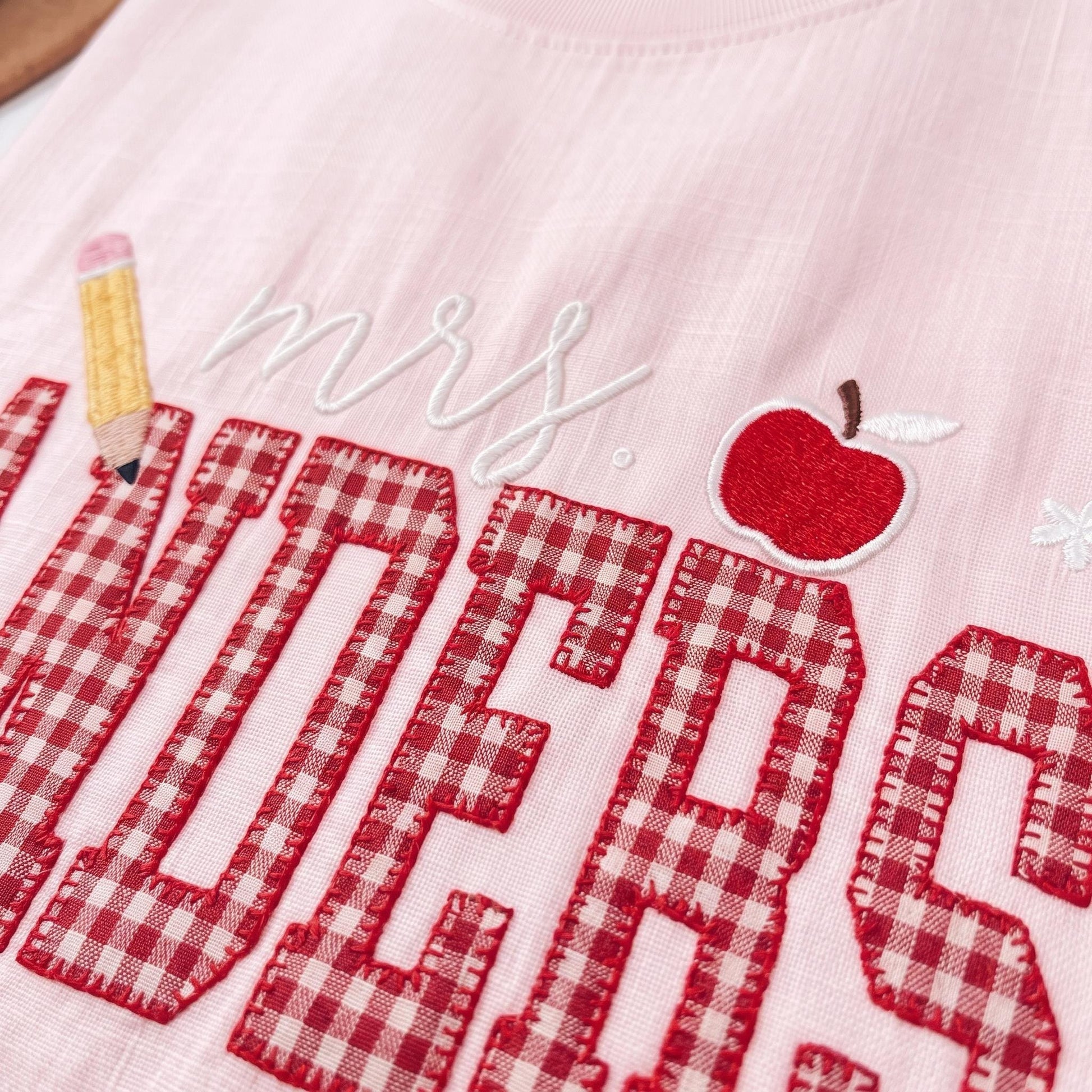 Personalized Teacher Embroidered Sweatshirt, Custom Mrs Name Gingham Applique Crewneck, Back To School Shirt, Teacher Appreciation Gift