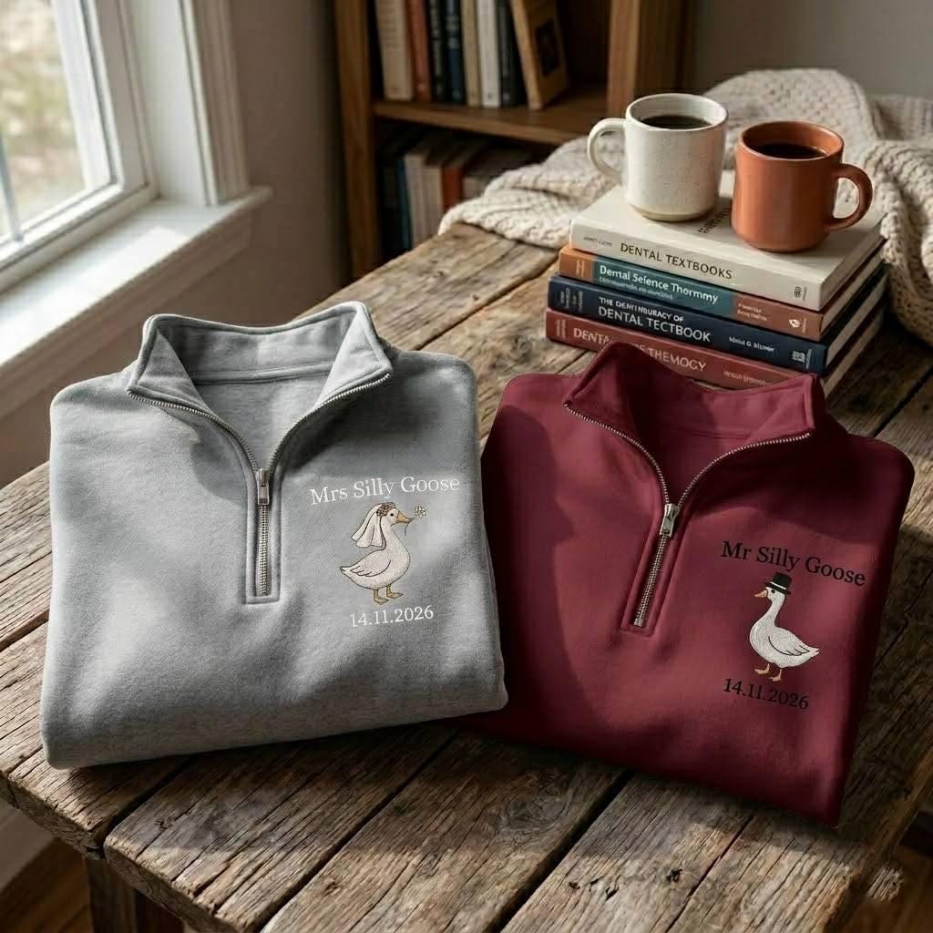Embroidered Mrs and Mr Silly Goose Quarter Zip Sweatshirts, Funny Couple Matching Sweatshirts, Wedding Date Sweatshirt, Goose Wedding Shirt