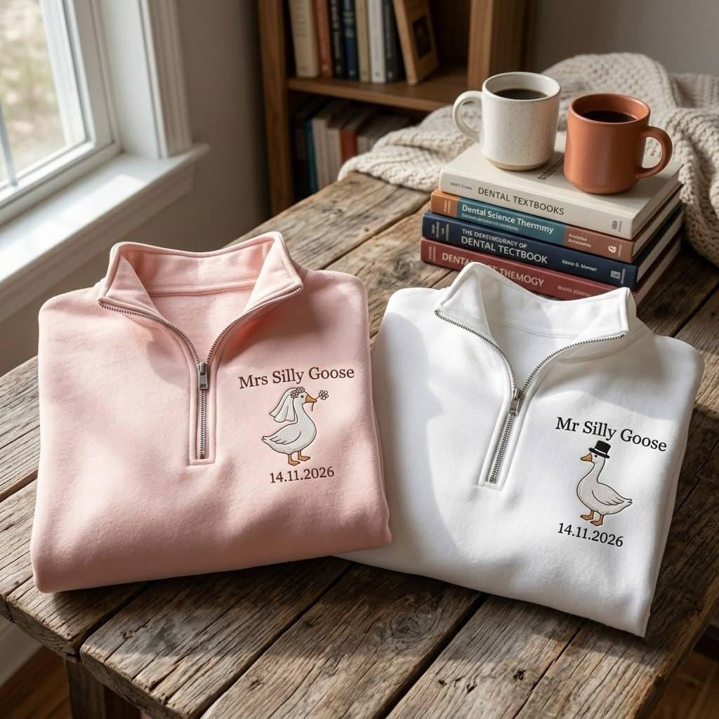 Embroidered Mrs and Mr Silly Goose Quarter Zip Sweatshirts, Funny Couple Matching Sweatshirts, Wedding Date Sweatshirt, Goose Wedding Shirt