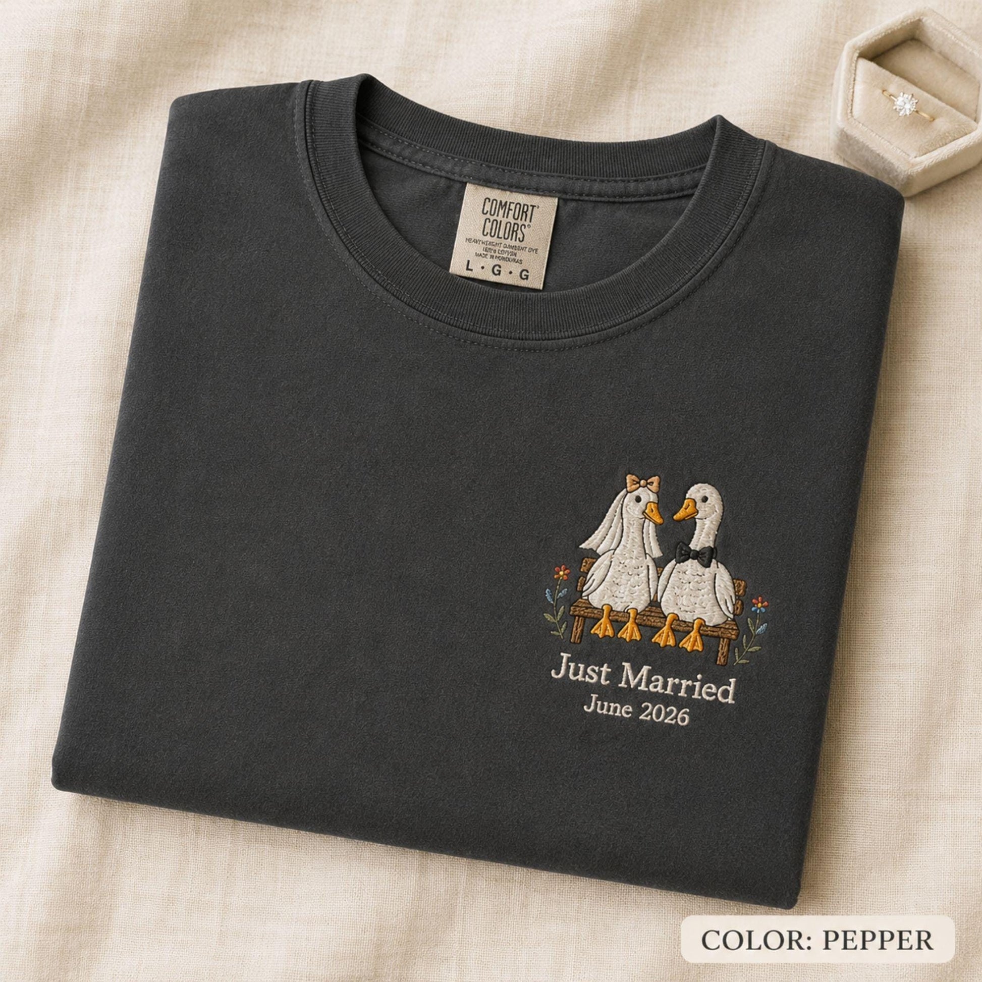 Embroidered Comfort Colors Goose Wedding Shirt, Custom Just Married Tee, Personalized Couple Gift, Anniversary Shirt