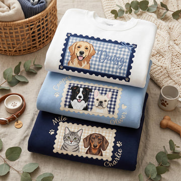Custom Pet Portrait Embroidered Sweatshirt, Personalized Stamp Coquette Cat Shirt, Applique Dog Mom Shirt, Custom Photo Tee, Pet Lover Gift