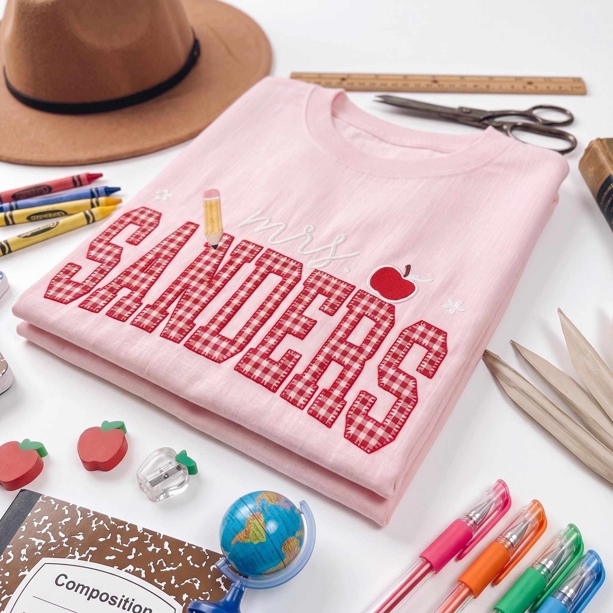 Personalized Teacher Embroidered Sweatshirt, Custom Mrs Name Gingham Applique Crewneck, Back To School Shirt, Teacher Appreciation Gift
