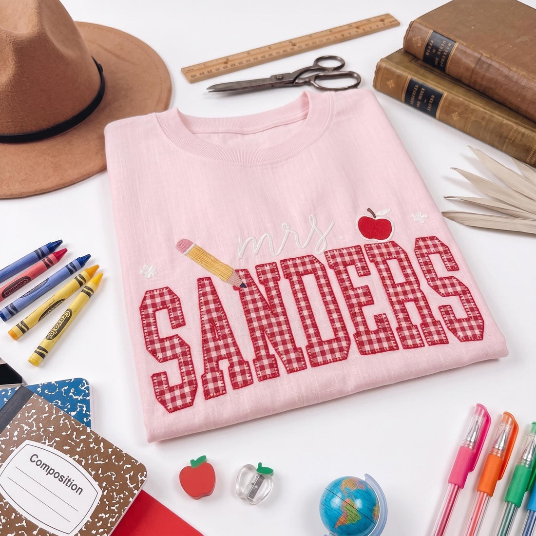 Personalized Teacher Embroidered Sweatshirt, Custom Mrs Name Gingham Applique Crewneck, Back To School Shirt, Teacher Appreciation Gift