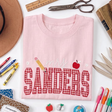 Personalized Teacher Embroidered Sweatshirt, Custom Mrs Name Gingham Applique Crewneck, Back To School Shirt, Teacher Appreciation Gift