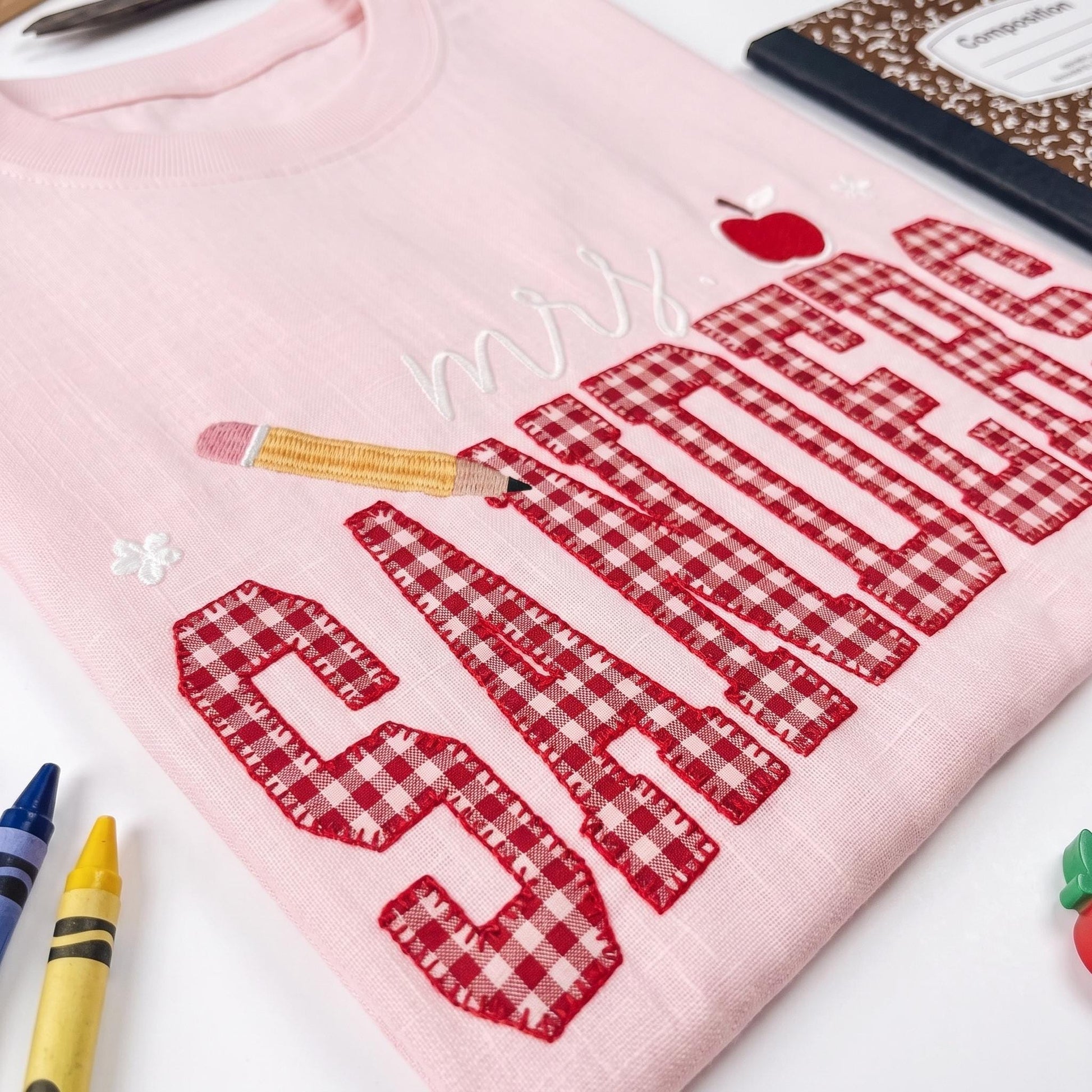 Personalized Teacher Embroidered Sweatshirt, Custom Mrs Name Gingham Applique Crewneck, Back To School Shirt, Teacher Appreciation Gift