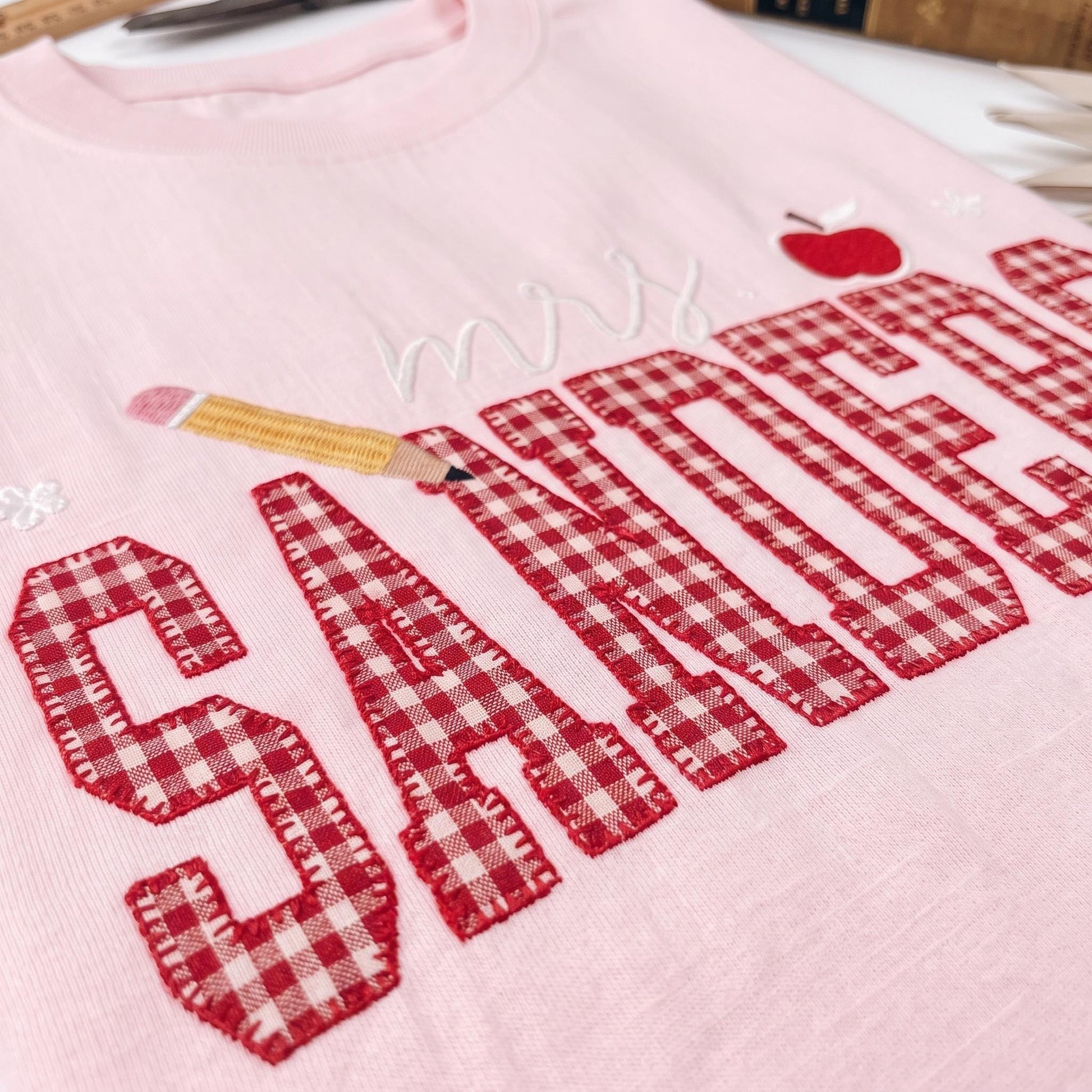 Personalized Teacher Embroidered Sweatshirt, Custom Mrs Name Gingham Applique Crewneck, Back To School Shirt, Teacher Appreciation Gift