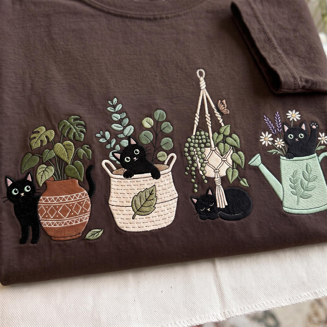 Cute Black Cat Plant Embroidered Shirt, Cat & Planter, Garden Lover Gift, Spring Garden Plant Shirt, Houseplant Crew Tee, Plant Mom Gift