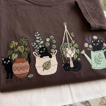 Cute Black Cat Plant Embroidered Shirt, Cat & Planter, Garden Lover Gift, Spring Garden Plant Shirt, Houseplant Crew Tee, Plant Mom Gift