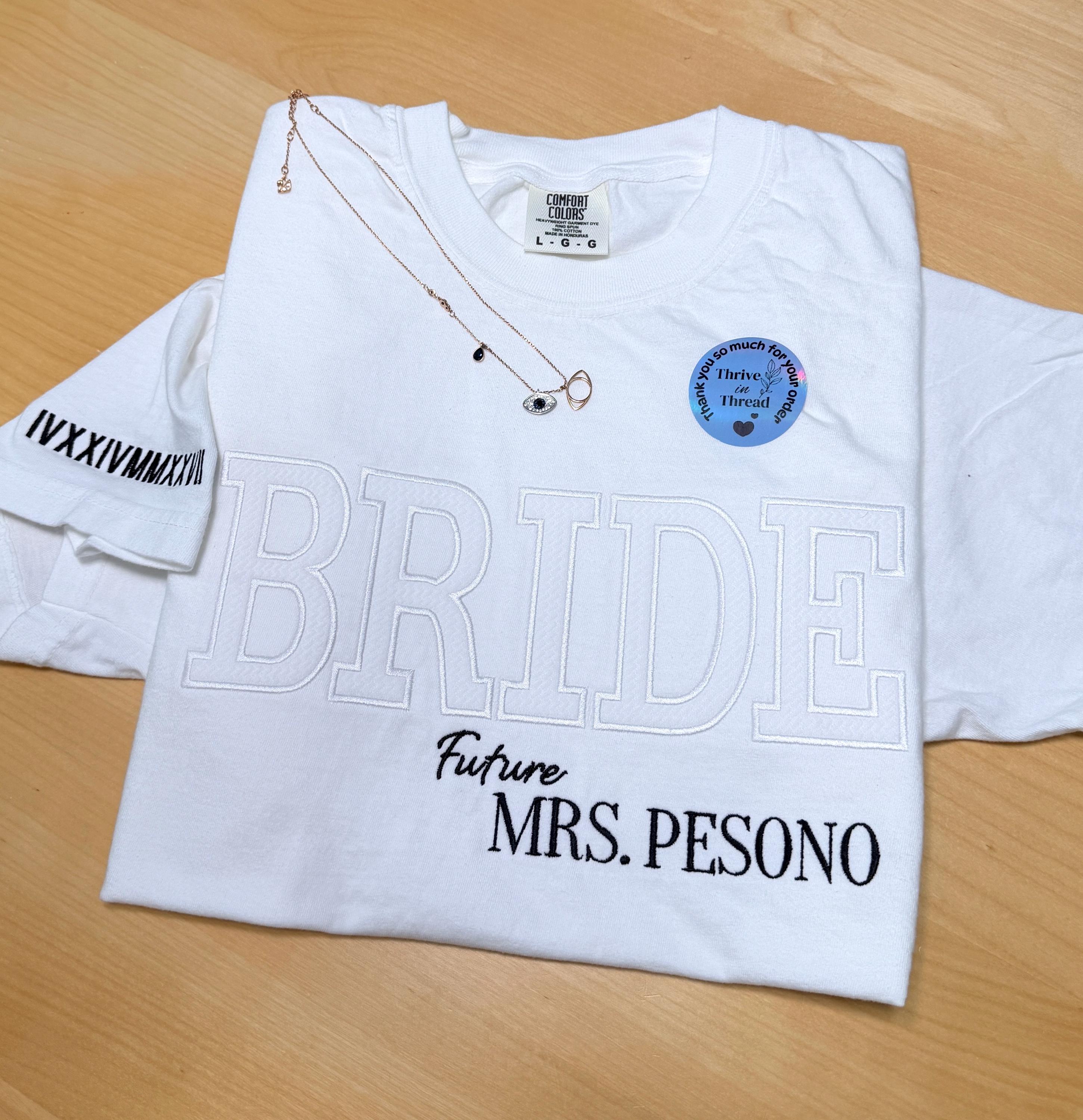 Custom Embroidery Bride Comfort Colors T-shirt, Bride Applique Tee, Bride shirt, Wedding gift, engagement gift, Bridal shower gift