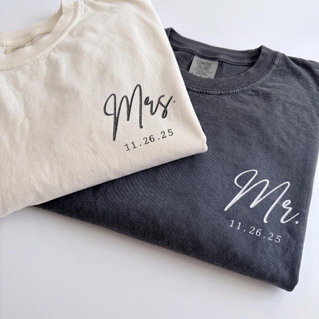 Personalized Mr and Mrs Embroidered Shirt, Custom Wedding Date Comfort Color Tee, Bride Groom Shirts, Newlywed Gift, Honeymoon Couple Shirts
