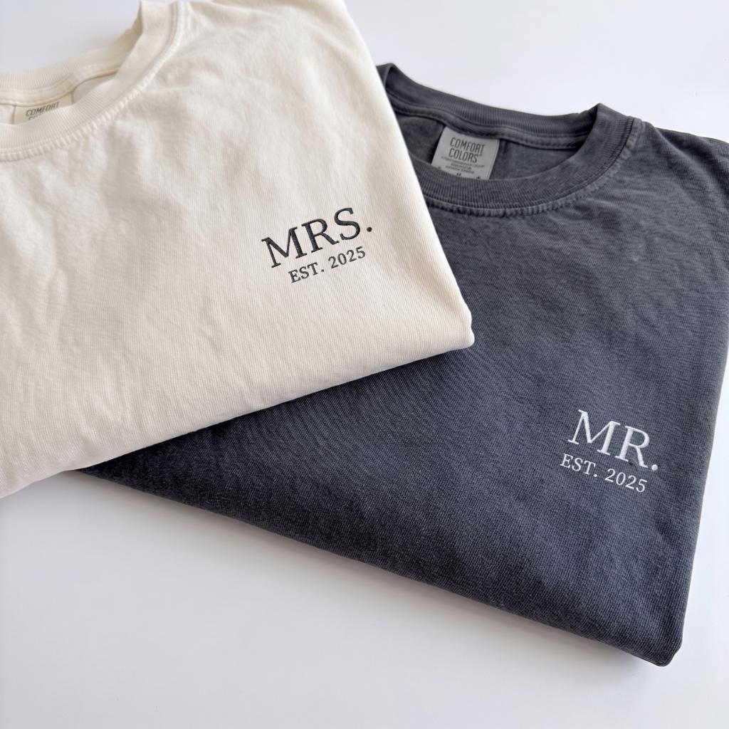 Personalized Mr and Mrs Embroidered Shirt, Custom Wedding Date Comfort Color Tee, Bride Groom Shirts, Newlywed Gift, Honeymoon Couple Shirts
