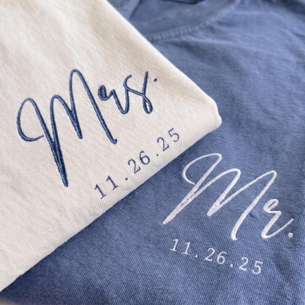Personalized Mr and Mrs Embroidered Shirt, Custom Wedding Date Comfort Color Tee, Bride Groom Shirts, Newlywed Gift, Honeymoon Couple Shirts