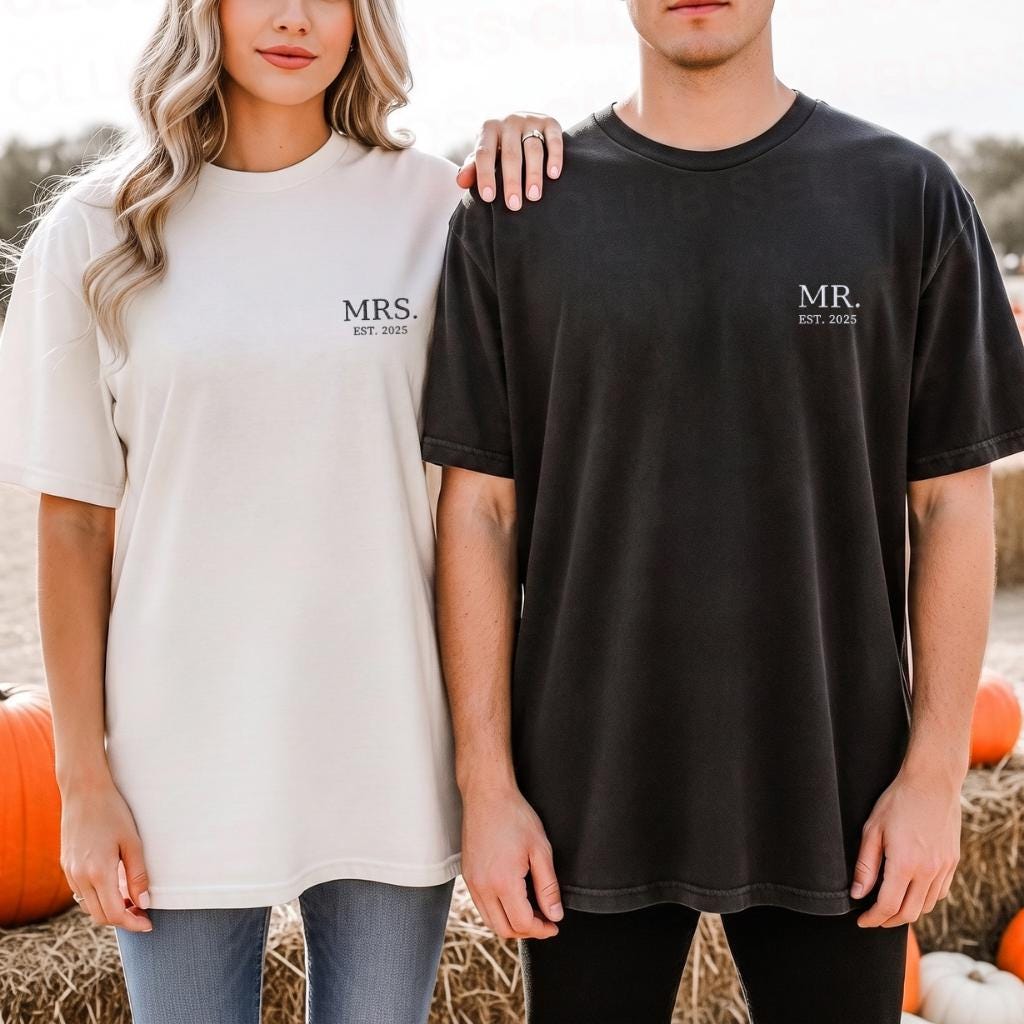 Personalized Mr and Mrs Embroidered Shirt, Custom Wedding Date Comfort Color Tee, Bride Groom Shirts, Newlywed Gift, Honeymoon Couple Shirts
