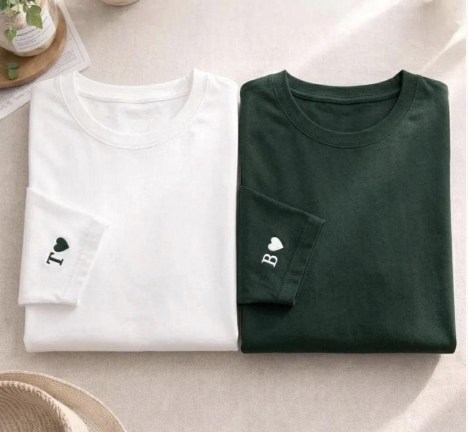 Custom Embroidery Initial Heart sleeve Hoodie, Personalized Valentines Sweatshirt, Embroidered Couples Outfit