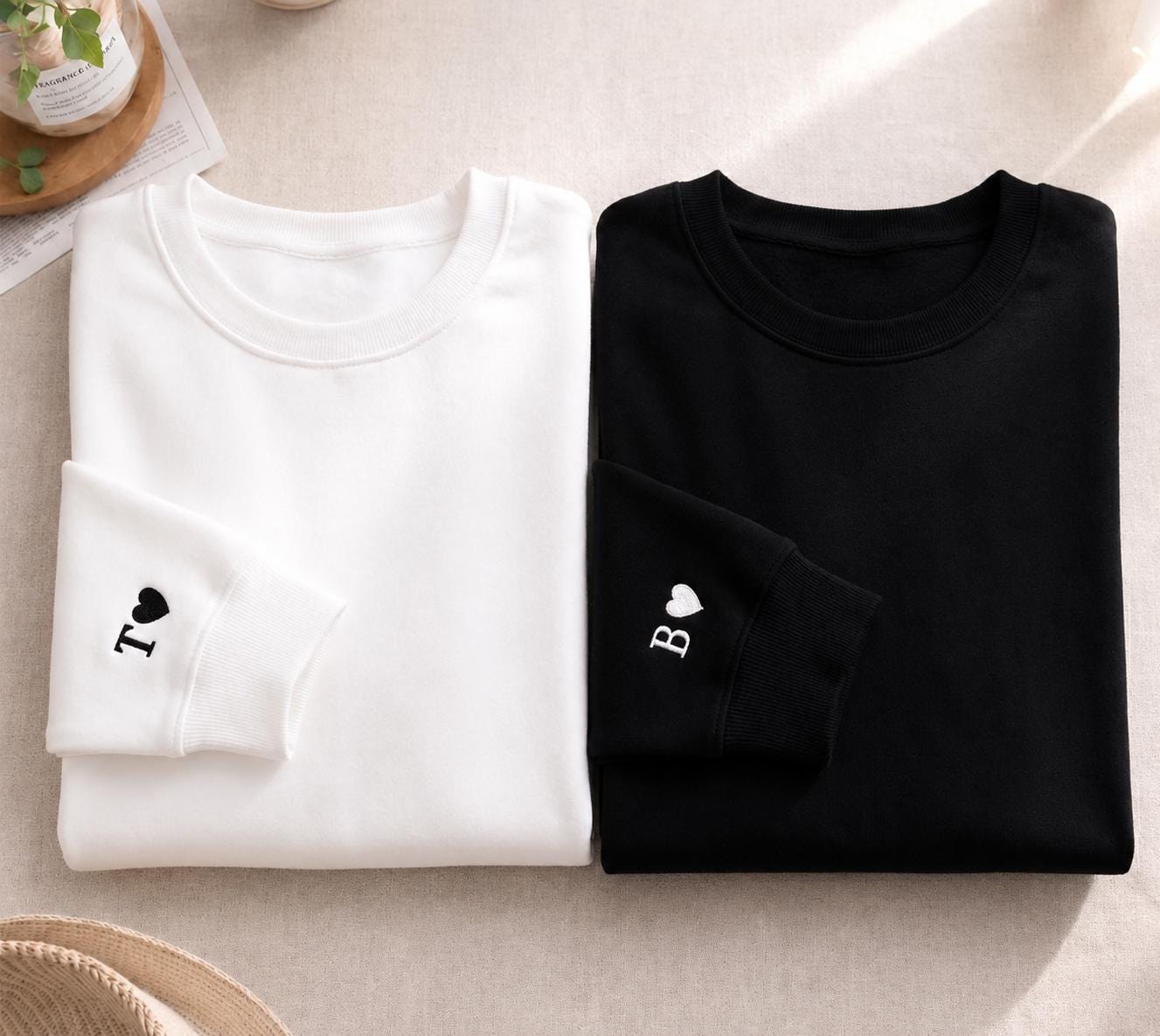 Custom Embroidery Initial Heart sleeve Hoodie, Personalized Valentines Sweatshirt, Embroidered Couples Outfit
