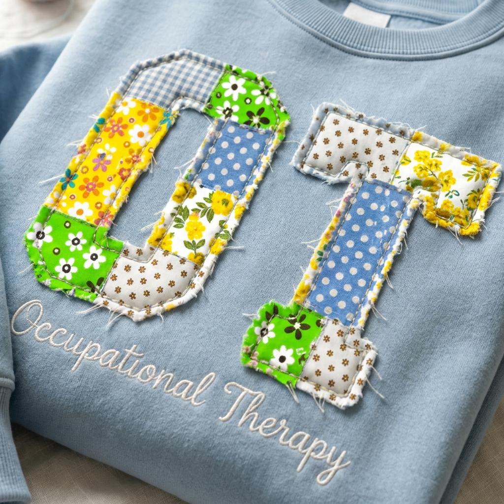 Custom Embroidered Shirt, Patchwork OT Applique Sweatshirt, Occupational Therapy Top, Personalized Therapist Gift, Healthcare Worker Crew
