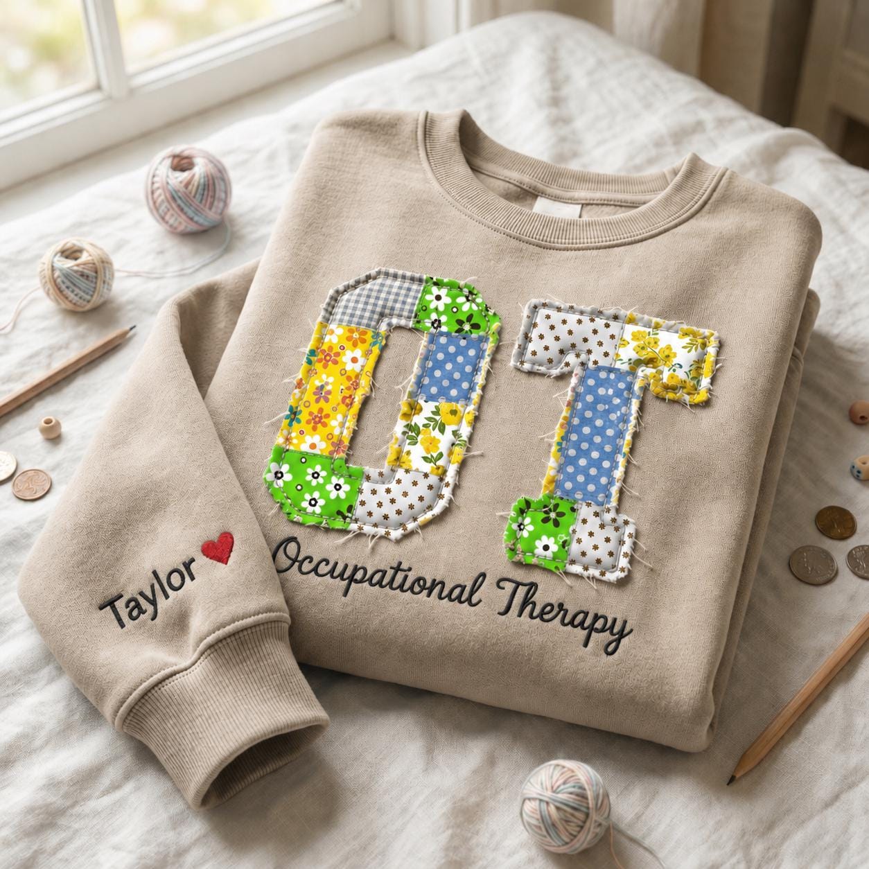 Custom Embroidered Shirt, Patchwork OT Applique Sweatshirt, Occupational Therapy Top, Personalized Therapist Gift, Healthcare Worker Crew