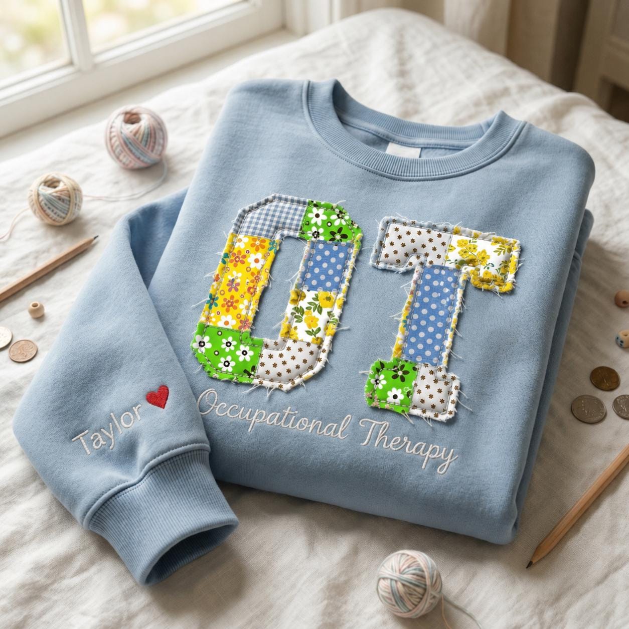 Custom Embroidered Shirt, Patchwork OT Applique Sweatshirt, Occupational Therapy Top, Personalized Therapist Gift, Healthcare Worker Crew