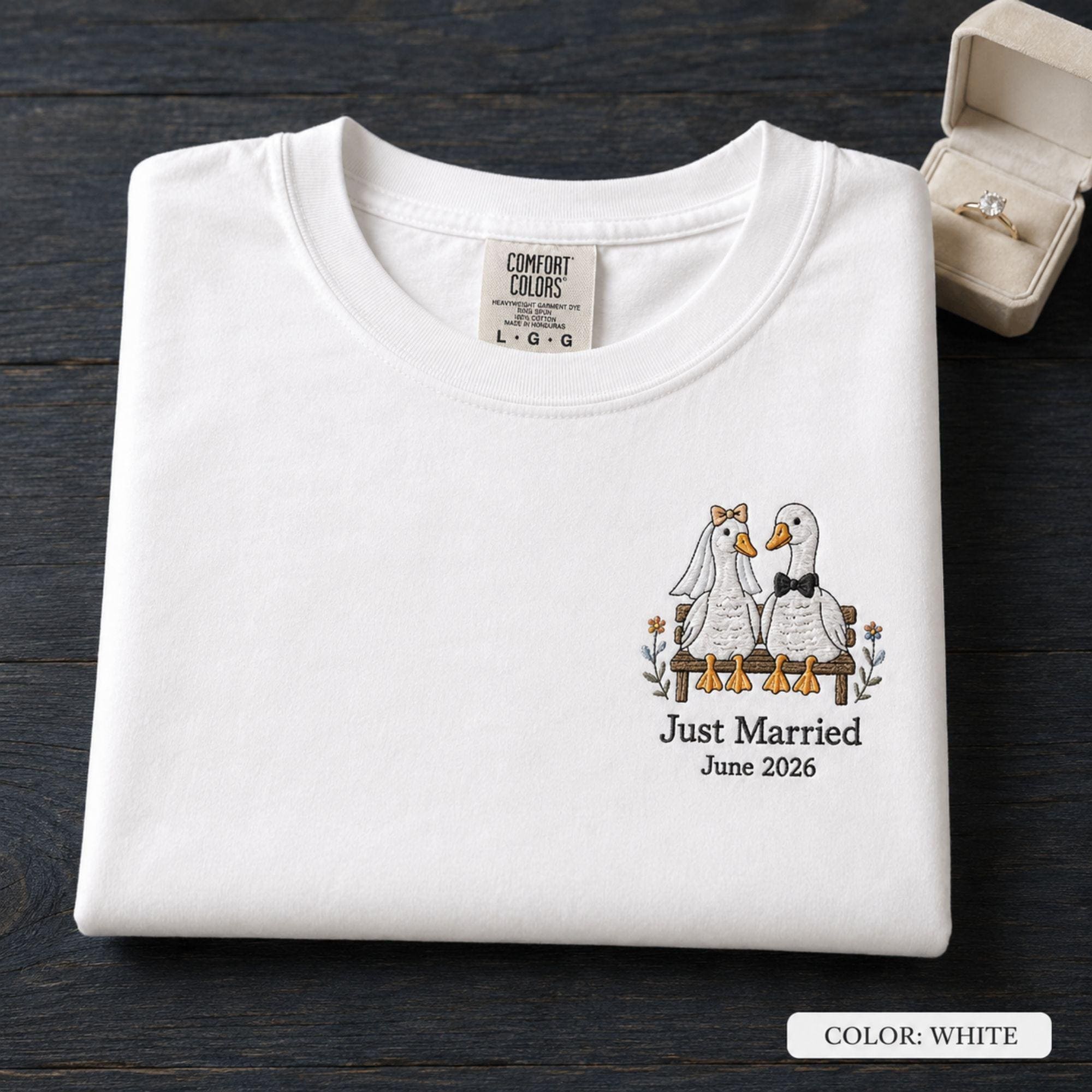 Embroidered Comfort Colors Goose Wedding Shirt, Custom Just Married Tee, Personalized Couple Gift, Anniversary Shirt