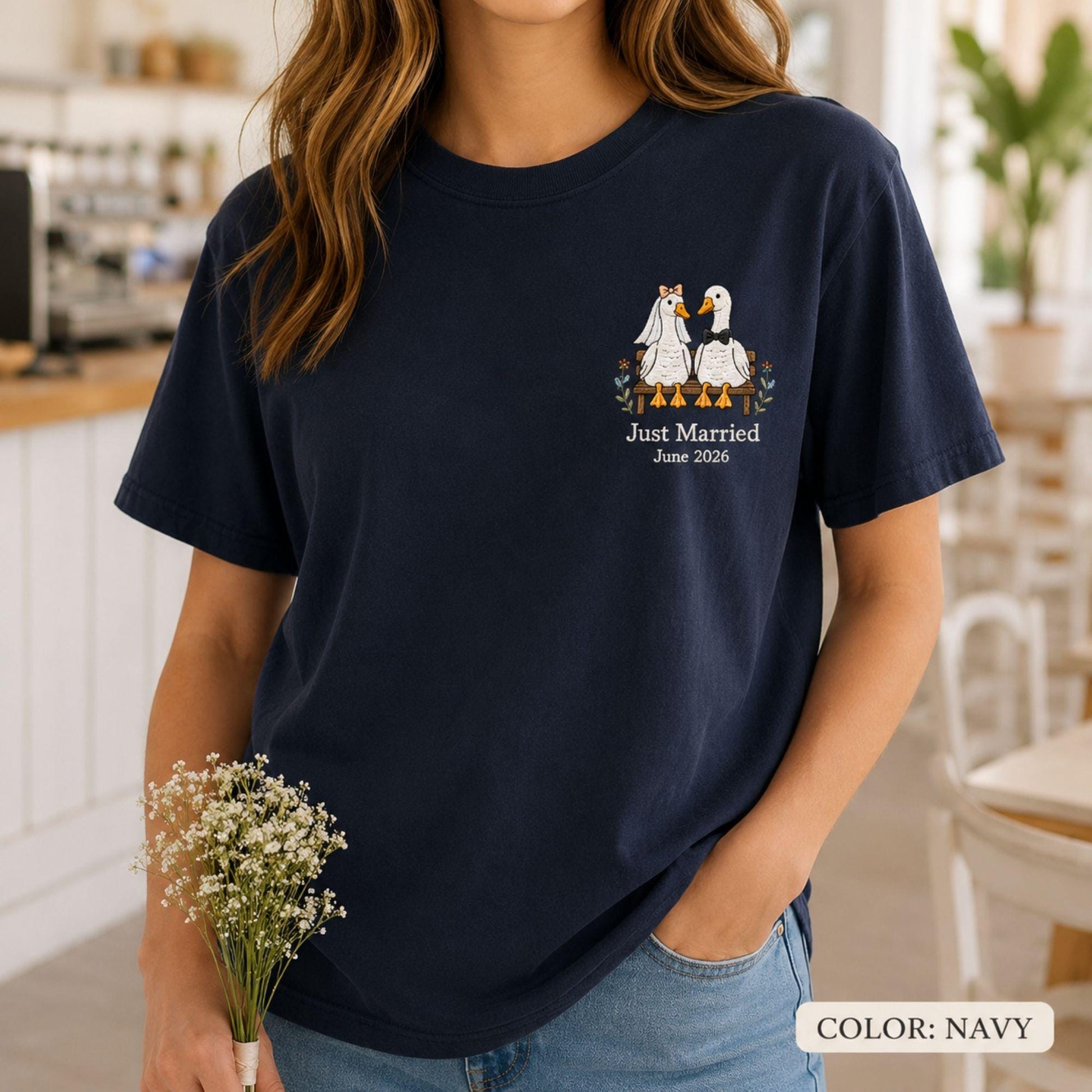 Embroidered Comfort Colors Goose Wedding Shirt, Custom Just Married Tee, Personalized Couple Gift, Anniversary Shirt