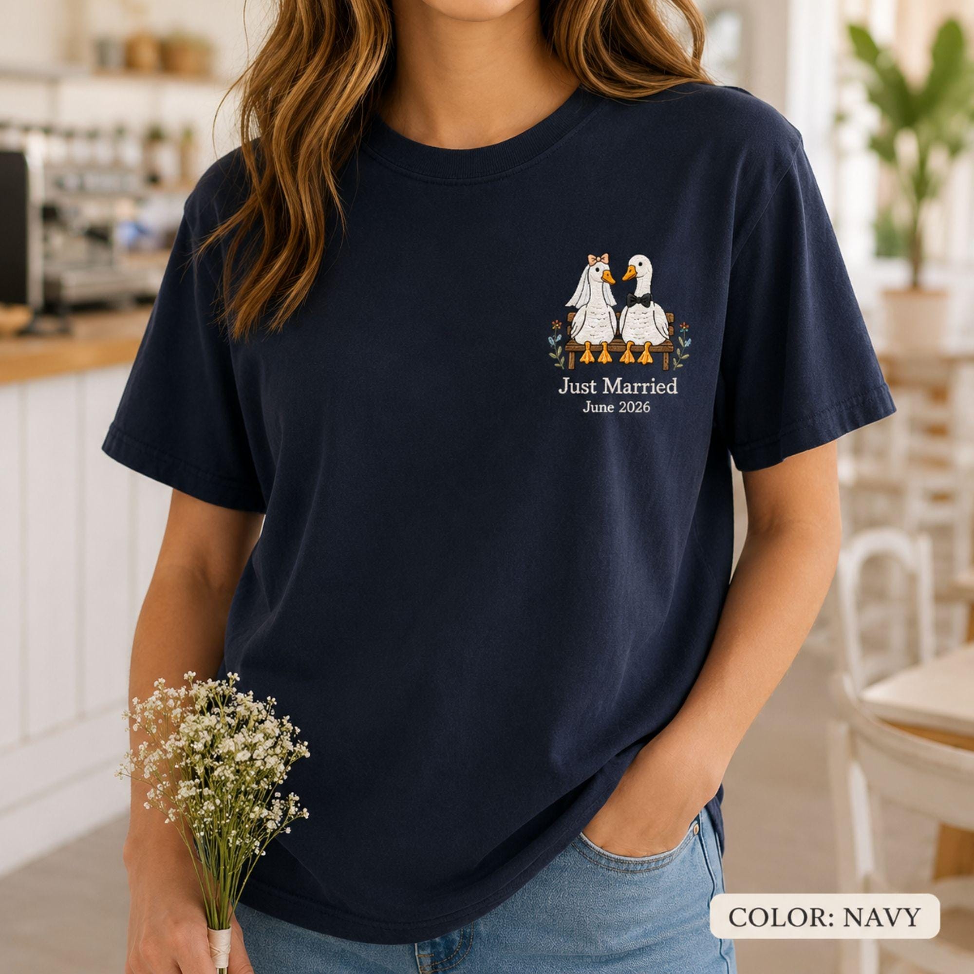 Embroidered Comfort Colors Goose Wedding Shirt, Custom Just Married Tee, Personalized Couple Gift, Anniversary Shirt