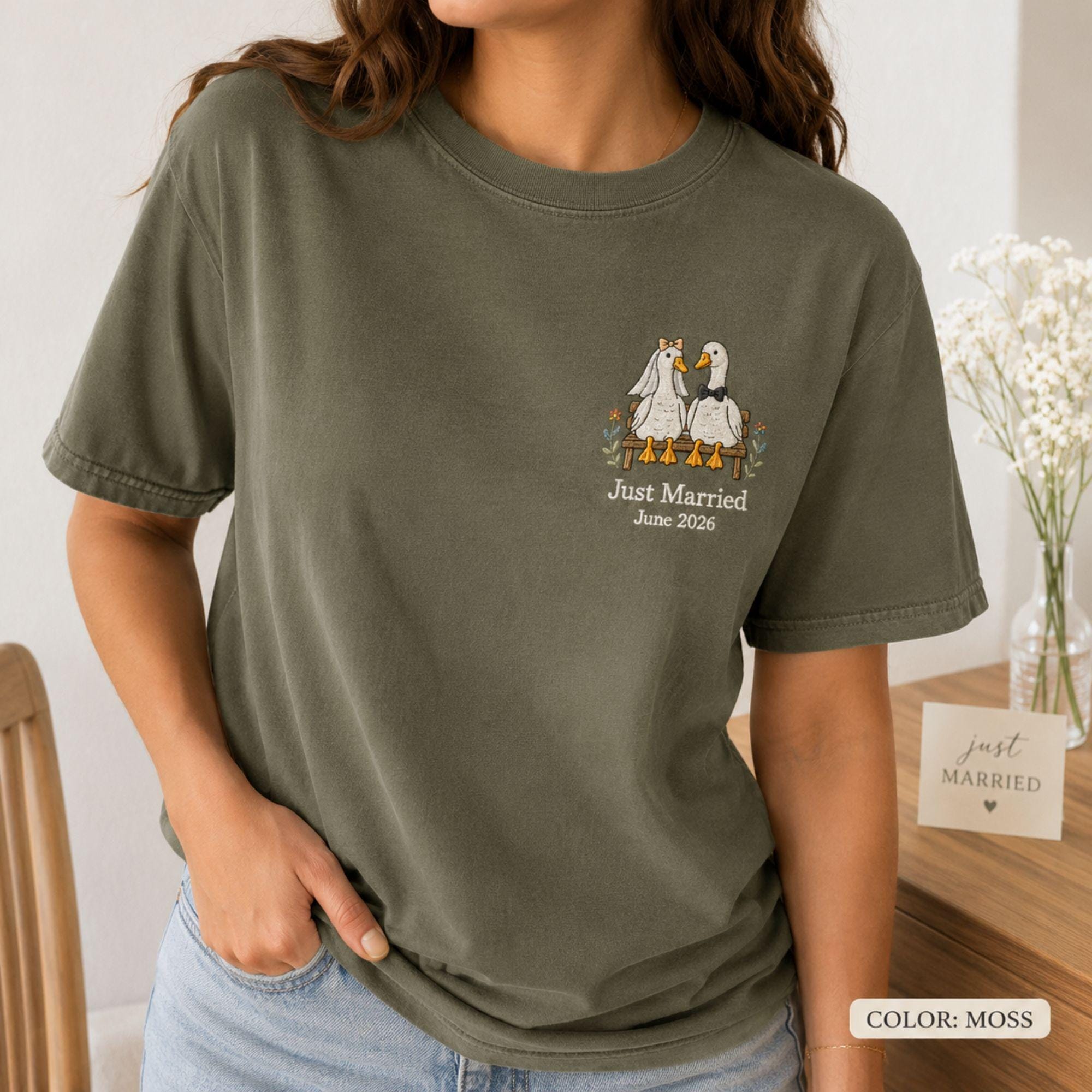 Embroidered Comfort Colors Goose Wedding Shirt, Custom Just Married Tee, Personalized Couple Gift, Anniversary Shirt