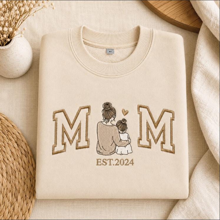 Personalized Mom Embroidered Sweatshirt, Custom Photo Crewneck, Mama Portrait Embroidery Shirt, Varsity Mom Sweatshirt, Mother's Day Gift