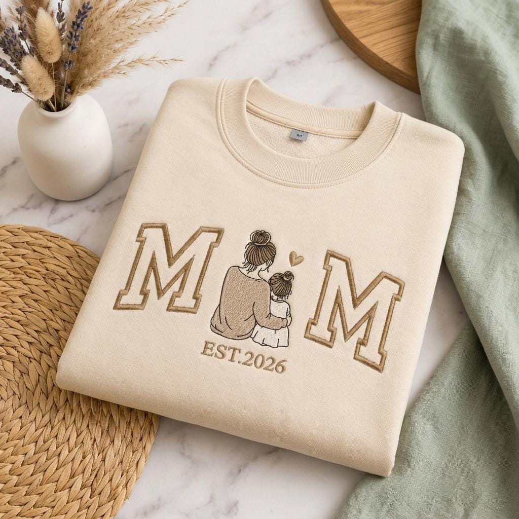 Personalized Mom Embroidered Sweatshirt, Custom Photo Crewneck, Mama Portrait Embroidery Shirt, Varsity Mom Sweatshirt, Mother's Day Gift