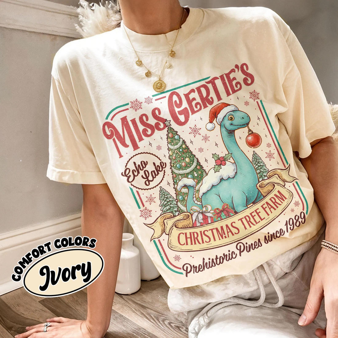 Dinosaur Christmas Tree Farm Comfort Colors Tee, Miss Gertie's Vacation Shirt