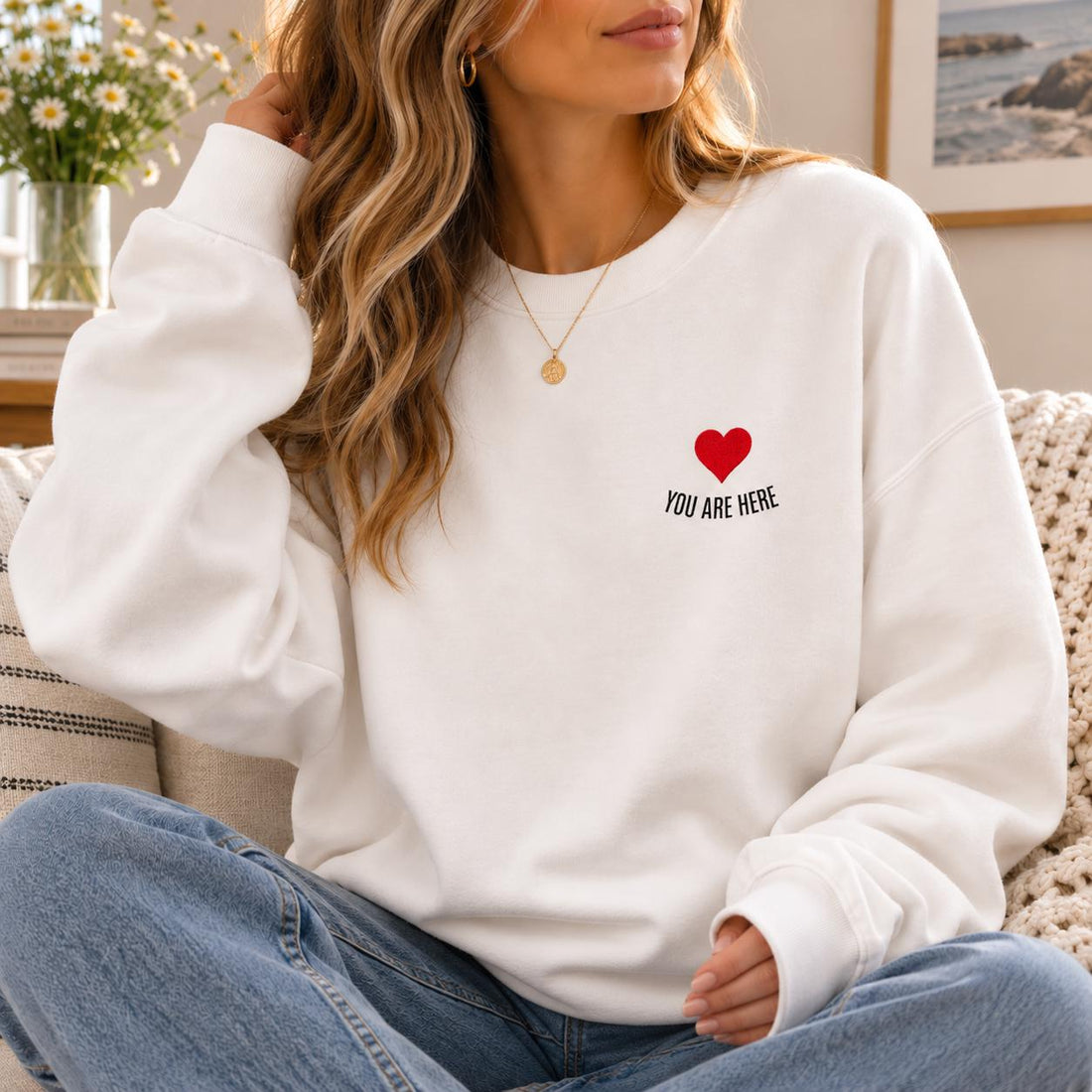 You Are Here Embroidered Sweatshirt, Hoodie or T-Shirt | Minimal Heart Embroidery | Matching Couples Gift | Cozy Unisex Apparel