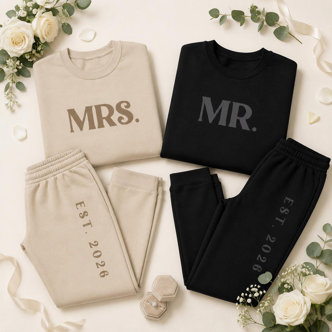 Personalized Mr Mrs Sweatshirt Couple Hoodie Set Matching Joggers Wedding Gift Bridal Shower Gift Honeymoon Embroidered Couple Sweatshirts