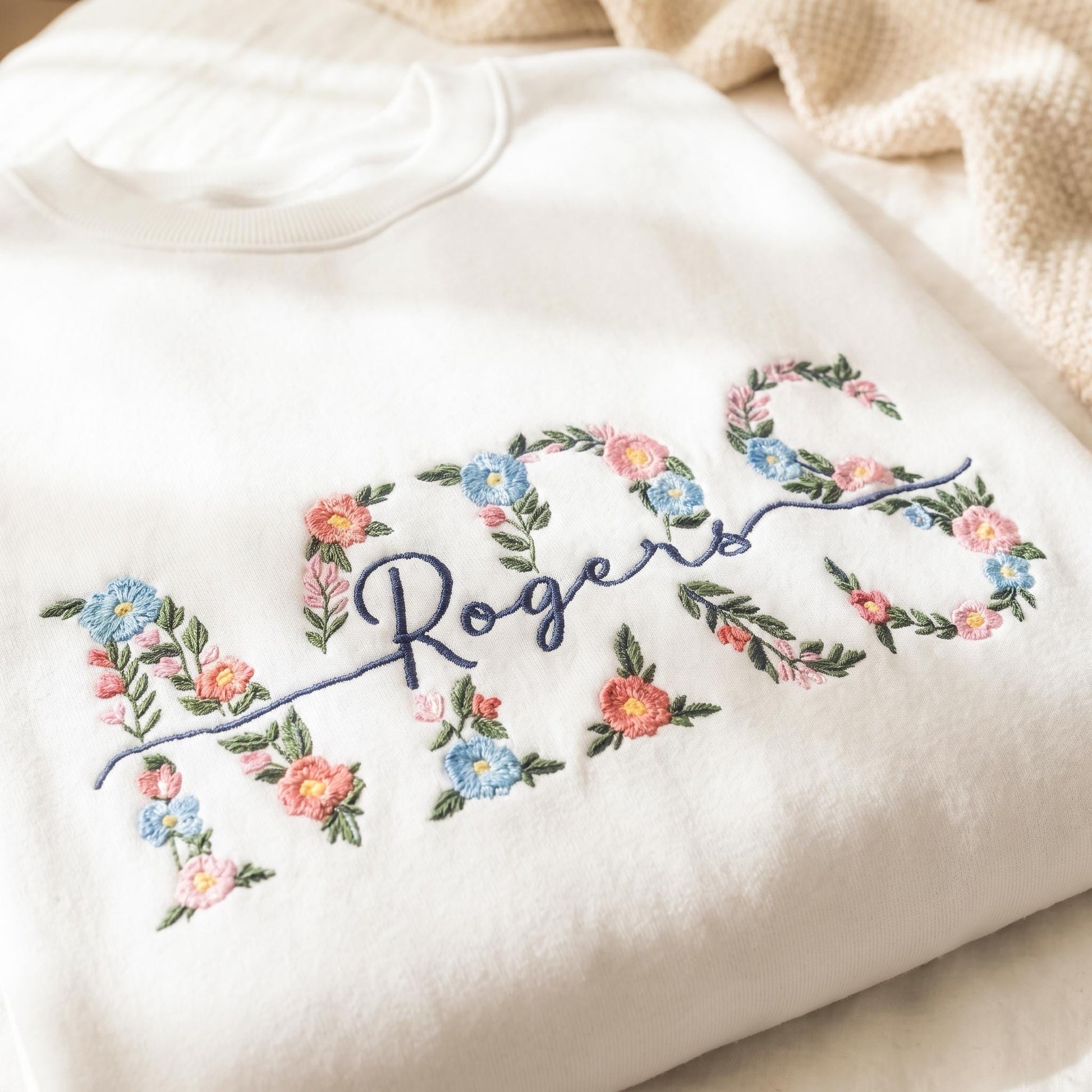 Personalized Mrs Floral Embroidered Sweatshirt, Custom Last Name Bride Gift, Wedding Day Pullover, Engagement Gift, Honeymoon Oufit