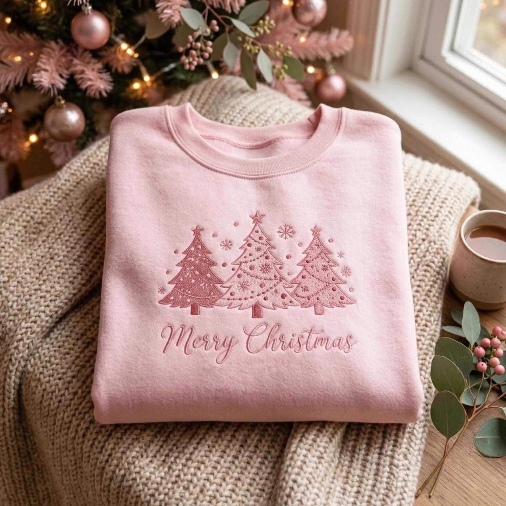 Embroidered Christmas Trees Sweatshirt: Cozy Cotton Blend, Holiday Family Party Embroidery Shirt, Xmas Gifts