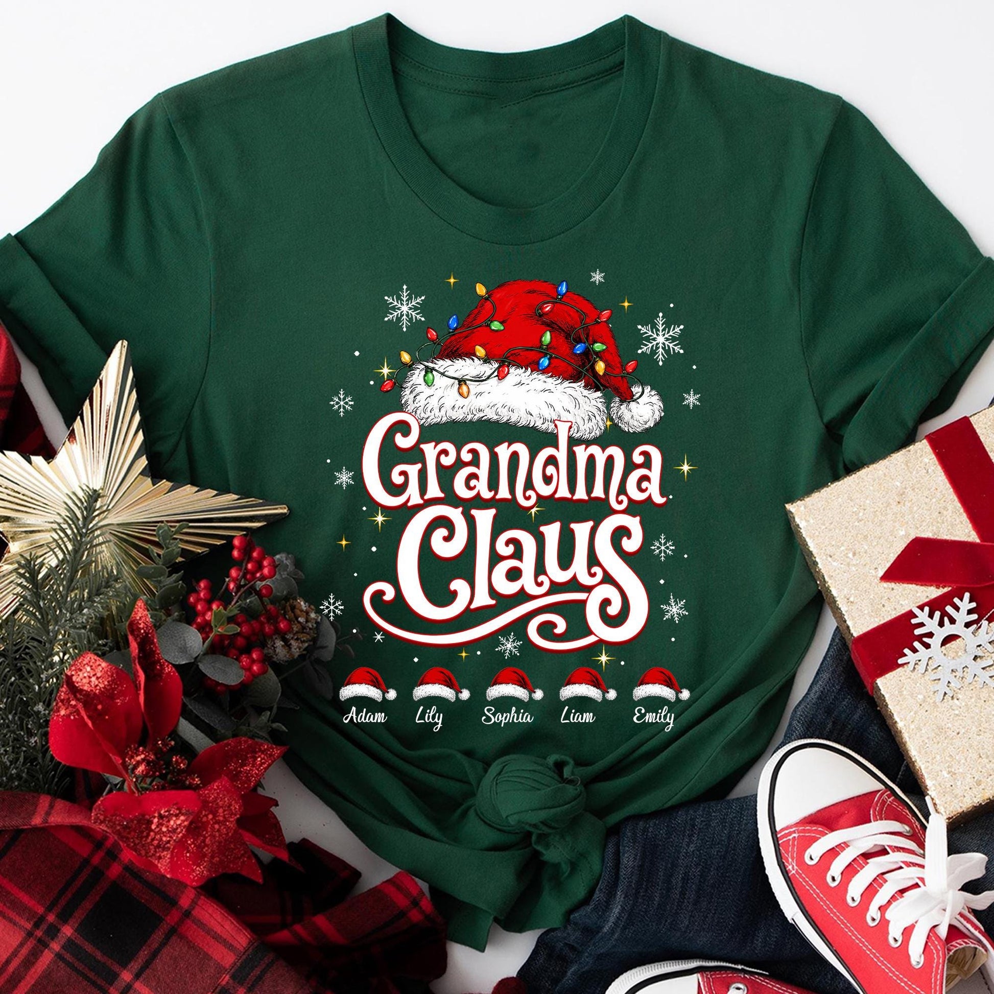 Personalized Grandma Claus Shirt, Festive Nana Mimi Holiday Squad Family Christmas Gift Tee