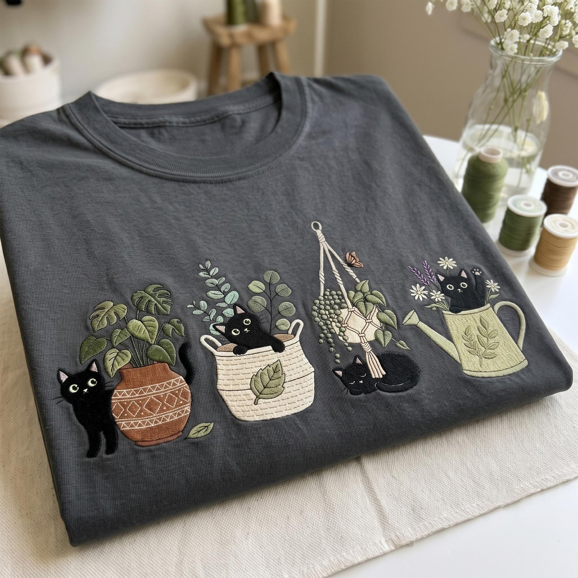 Cute Black Cat Plant Embroidered Shirt, Cat & Planter, Garden Lover Gift, Spring Garden Plant Shirt, Houseplant Crew Tee, Plant Mom Gift