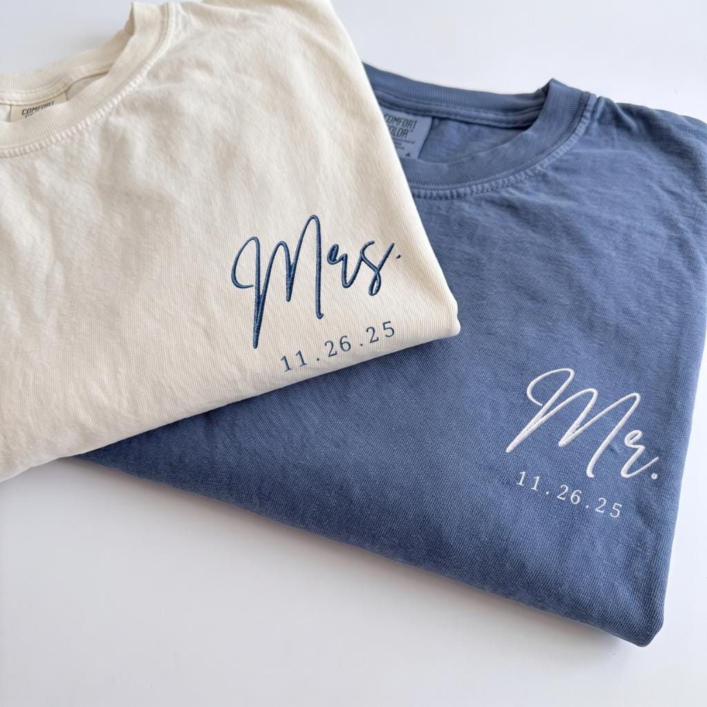 Personalized Mr and Mrs Embroidered Shirt, Custom Wedding Date Comfort Color Tee, Bride Groom Shirts, Newlywed Gift, Honeymoon Couple Shirts